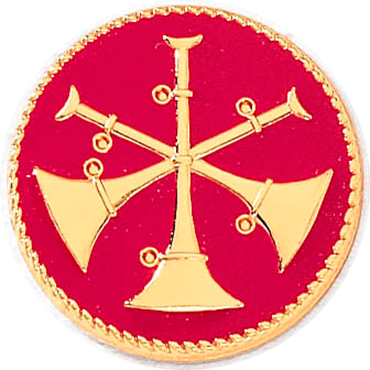 Assistant chief patch with red background and three gold trumpets