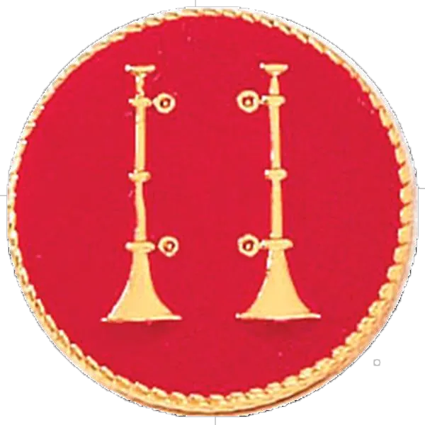 circle patch that is red with two trumpets